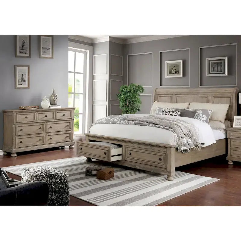 Ensemble de lit traîneau de rangement et de coiffeuse deux pièces en bois gris de style transitoire