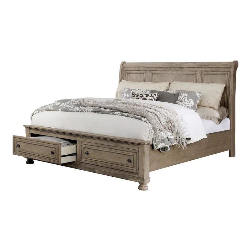 Ensemble de lit traîneau de rangement et de coiffeuse deux pièces en bois gris de style transitoire