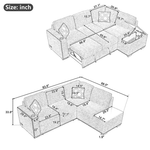 83.8 Canapé-lit d'angle en forme de L avec rangement, ports USB, prises de courant et porte-gobelet pour le salon