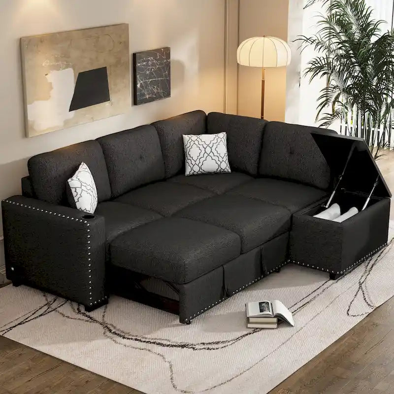 83.8 Canapé-lit d'angle en forme de L avec rangement, ports USB, prises de courant et porte-gobelet pour le salon