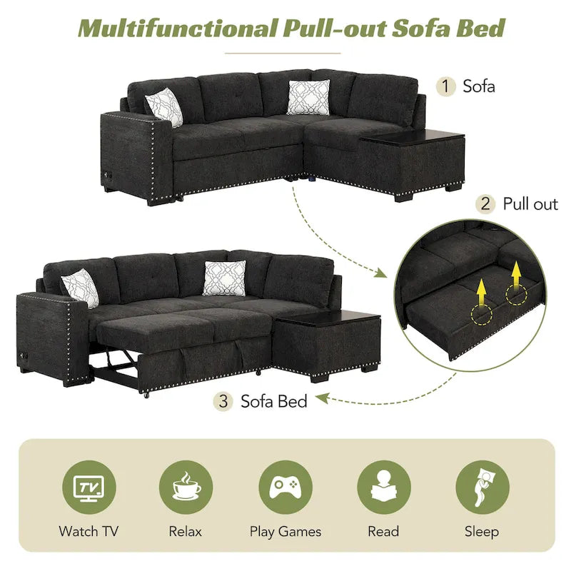 83.8 Canapé-lit d'angle en forme de L avec rangement, ports USB, prises de courant et porte-gobelet pour le salon