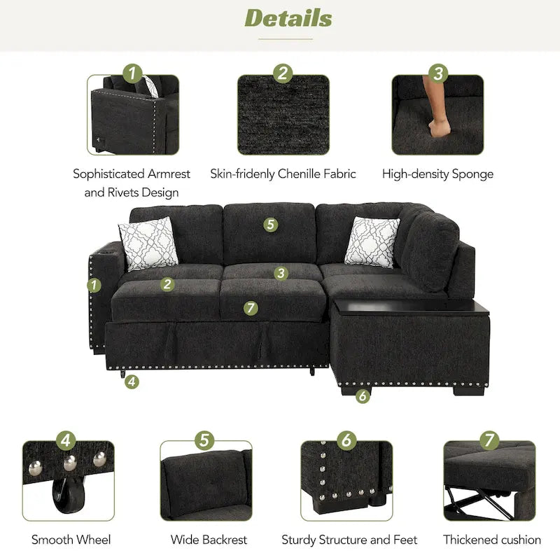 83.8 Canapé-lit d'angle en forme de L avec rangement, ports USB, prises de courant et porte-gobelet pour le salon