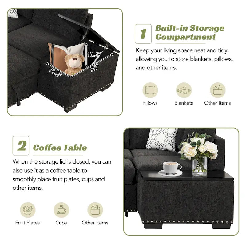 83.8 Canapé-lit d'angle en forme de L avec rangement, ports USB, prises de courant et porte-gobelet pour le salon