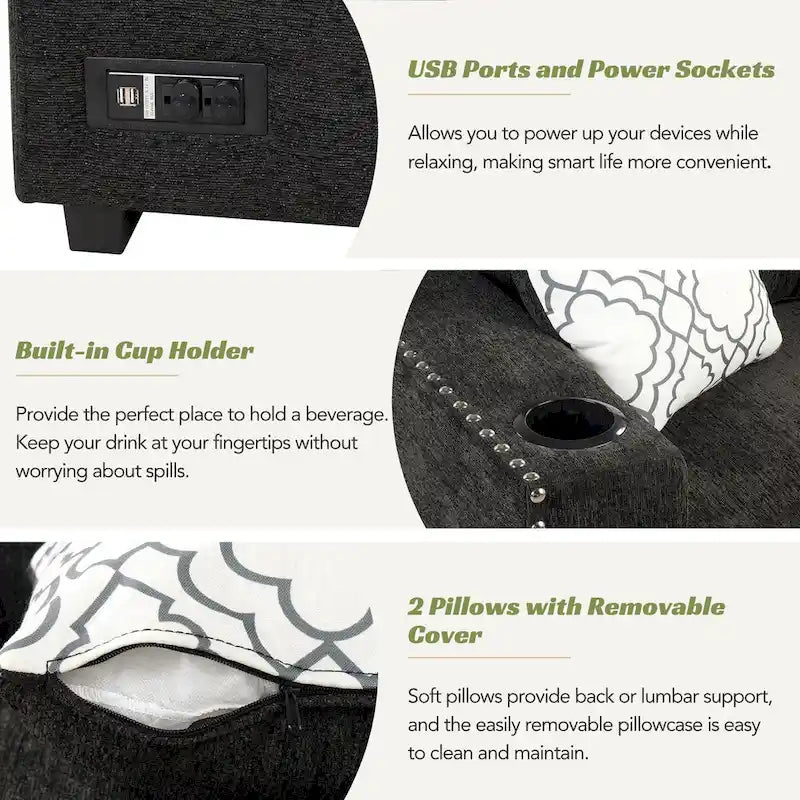 83.8 Canapé-lit d'angle en forme de L avec rangement, ports USB, prises de courant et porte-gobelet pour le salon