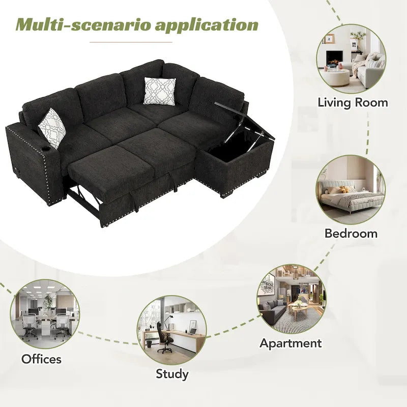 83.8 Canapé-lit d'angle en forme de L avec rangement, ports USB, prises de courant et porte-gobelet pour le salon