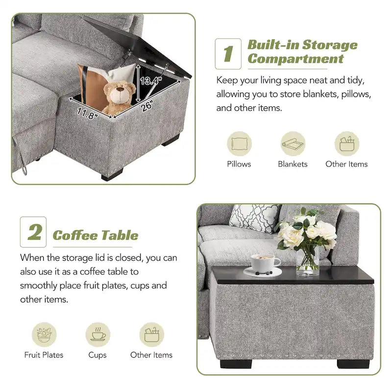 83.8 Canapé-lit d'angle en forme de L avec rangement, ports USB, prises de courant et porte-gobelet pour le salon