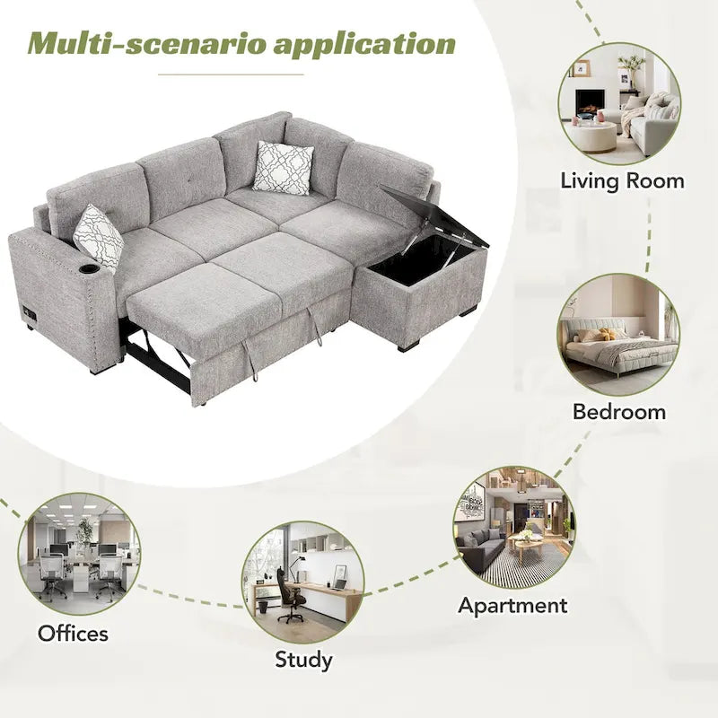 83.8 Canapé-lit d'angle en forme de L avec rangement, ports USB, prises de courant et porte-gobelet pour le salon