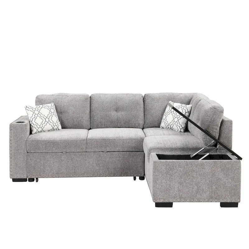 83.8 Canapé-lit d'angle en forme de L avec rangement, ports USB, prises de courant et porte-gobelet pour le salon