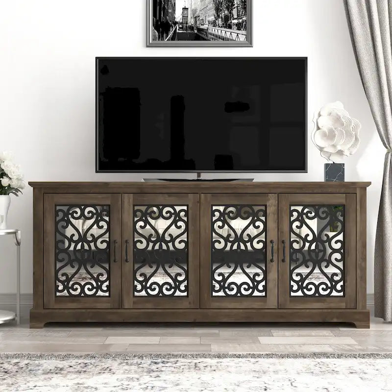 Meuble TV large de 173 cm (68,2 po) en pierre grise à 4 portes pour téléviseurs jusqu'à 75 po