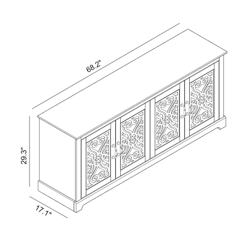 Meuble TV large de 173 cm (68,2 po) en pierre grise à 4 portes pour téléviseurs jusqu'à 75 po