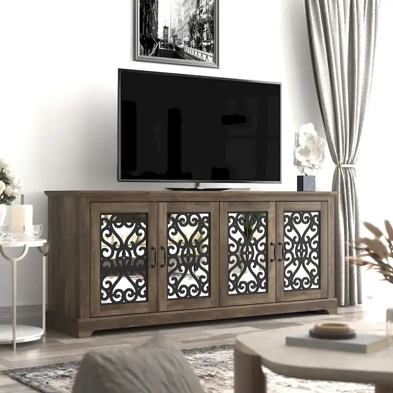 Meuble TV large de 173 cm (68,2 po) en pierre grise à 4 portes pour téléviseurs jusqu'à 75 po