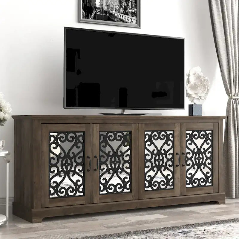 Meuble TV large de 173 cm (68,2 po) en pierre grise à 4 portes pour téléviseurs jusqu'à 75 po