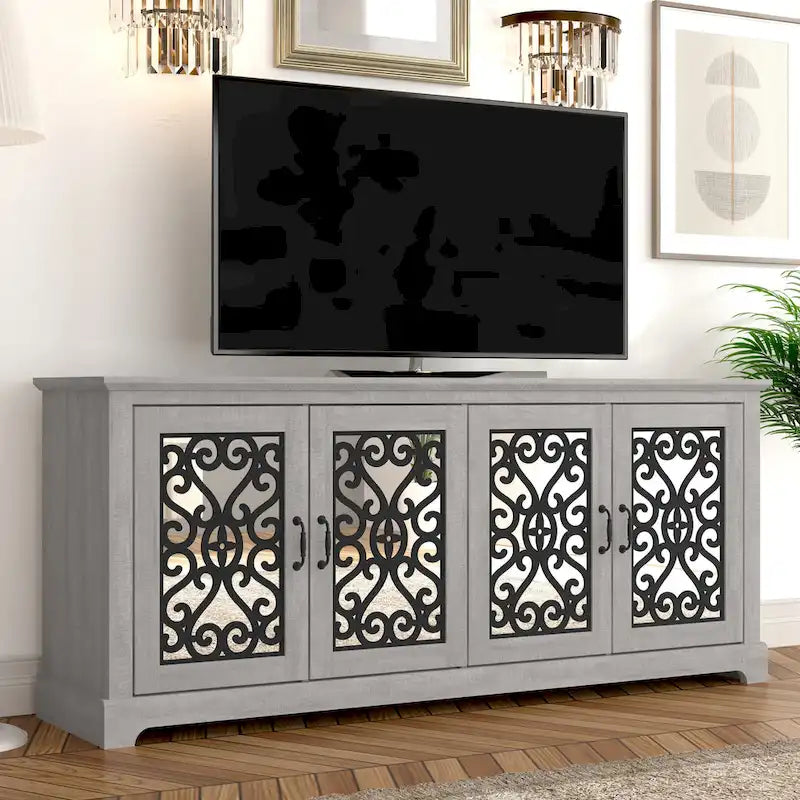Meuble TV large de 173 cm (68,2 po) en pierre grise à 4 portes pour téléviseurs jusqu'à 75 po