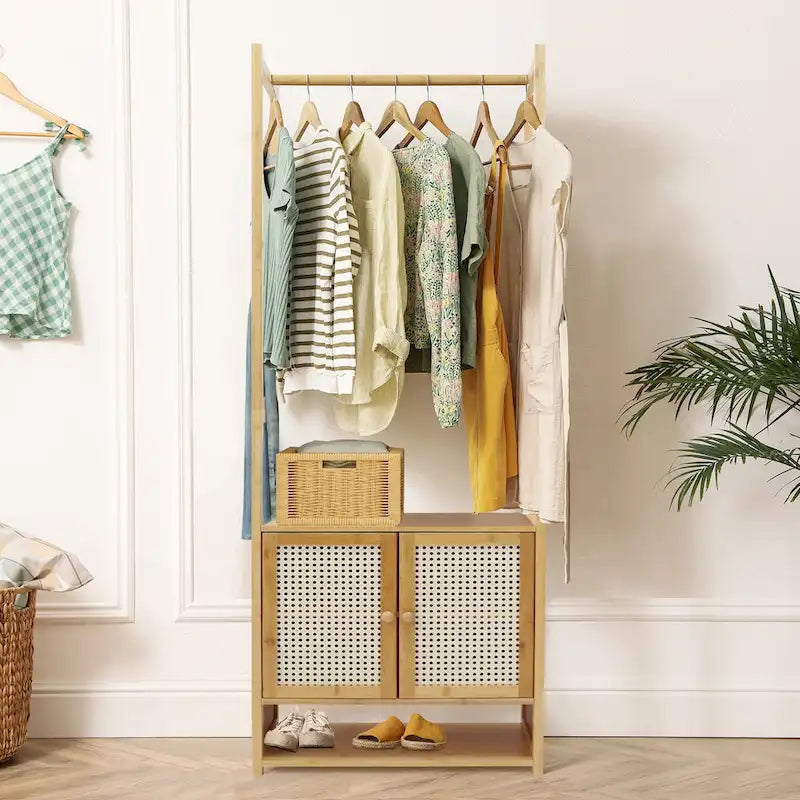 Bamboo Garment Rack with Clothes Rail Storage Organiser Freestanding - 21  x 13  x 66 