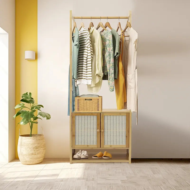 Portant à vêtements en bambou avec tringle de rangement autoportant - 21 x 13 x 66