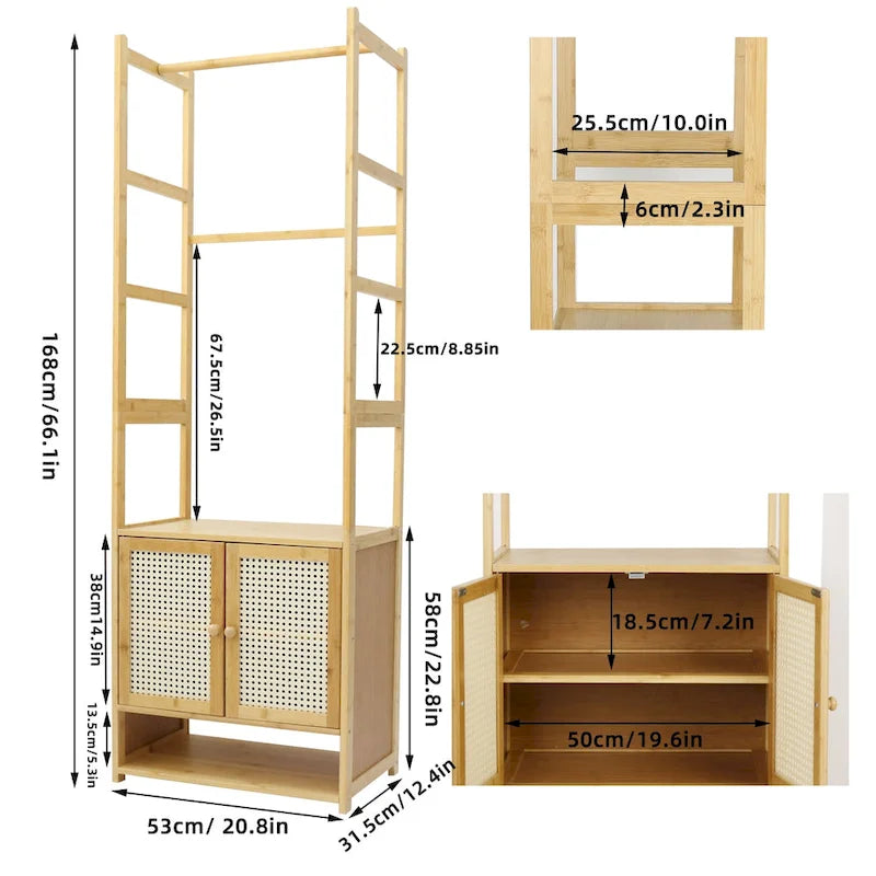 Portant à vêtements en bambou avec tringle de rangement autoportant - 21 x 13 x 66