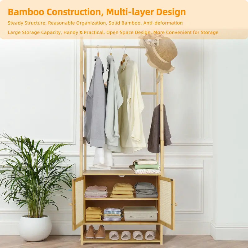 Portant à vêtements en bambou avec tringle de rangement autoportant - 21 x 13 x 66