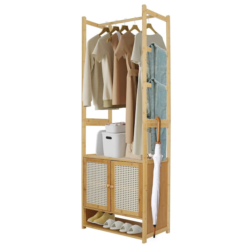 Portant à vêtements en bambou avec tringle de rangement autoportant - 21 x 13 x 66