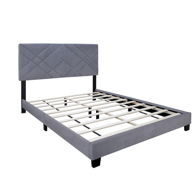 Tête de lit capitonnée grand lit de collection grise avec cadre de lit réglable en tissu velours, série très populaire