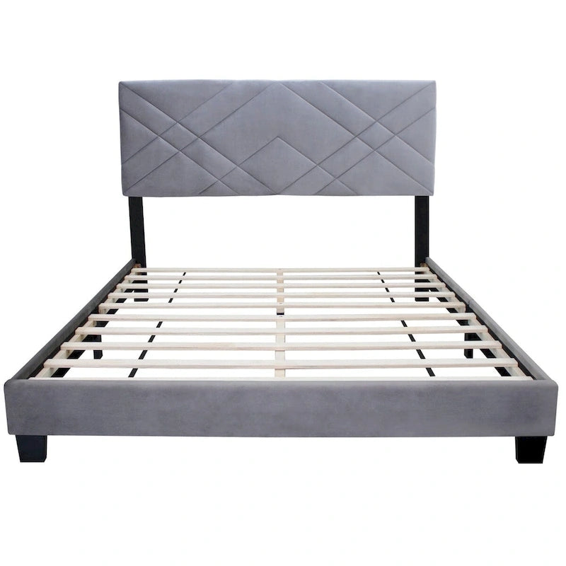 Tête de lit capitonnée grand lit de collection grise avec cadre de lit réglable en tissu velours, série très populaire