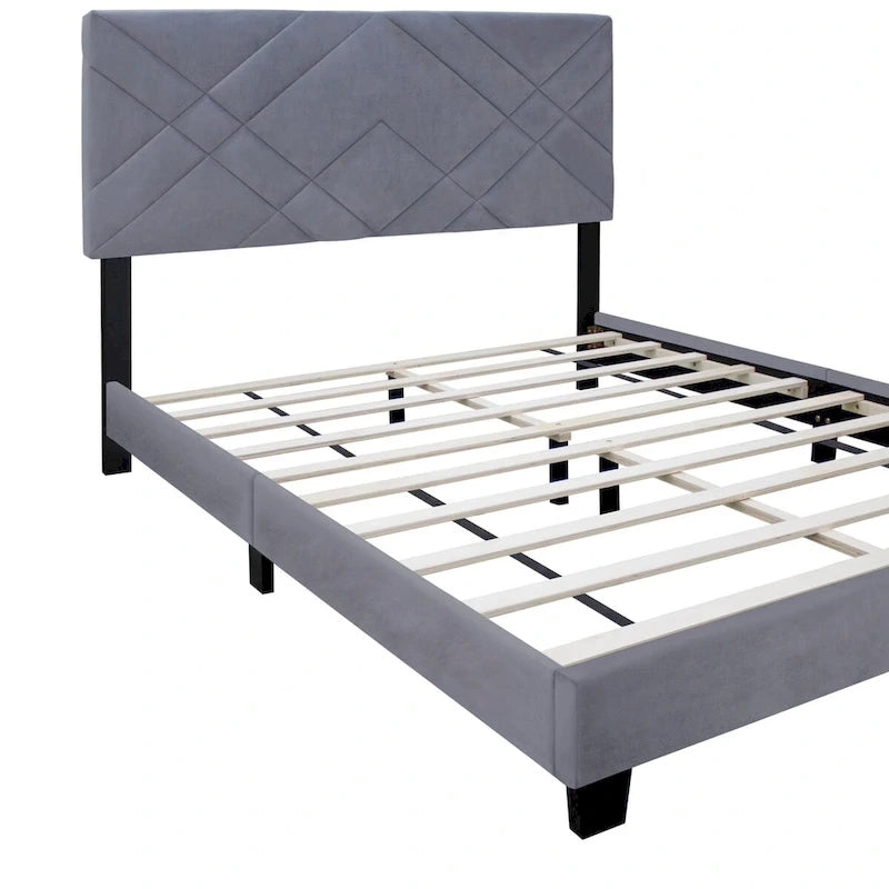 Tête de lit capitonnée grand lit de collection grise avec cadre de lit réglable en tissu velours, série très populaire