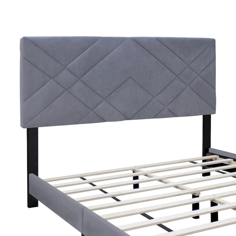 Tête de lit capitonnée grand lit de collection grise avec cadre de lit réglable en tissu velours, série très populaire