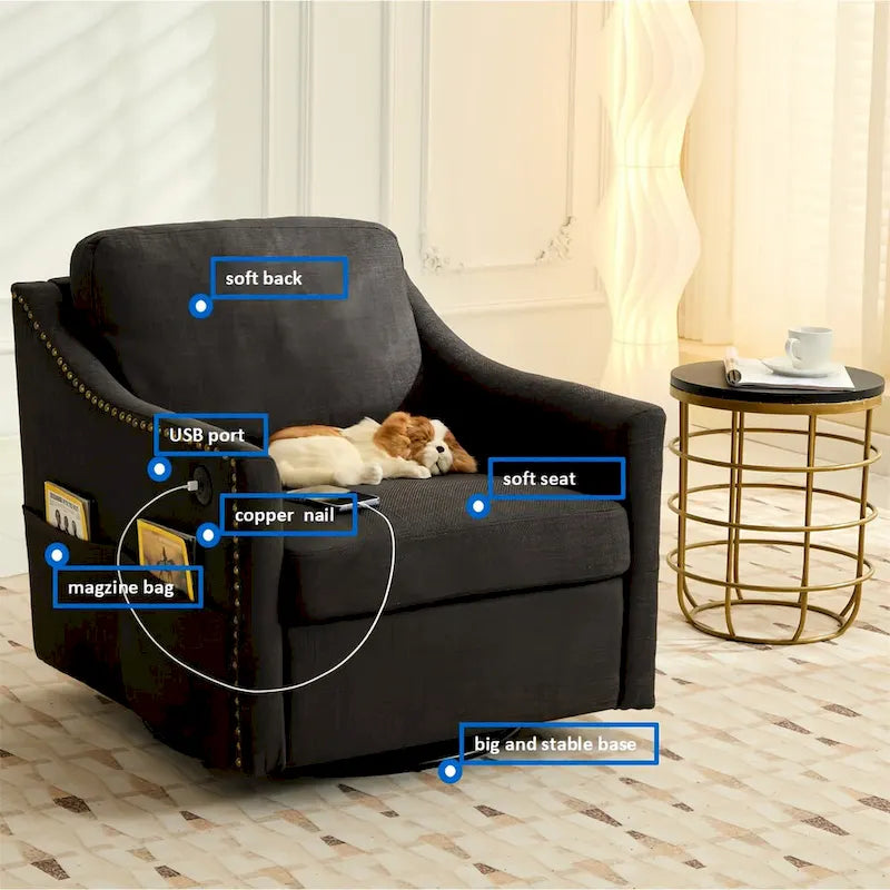 Fauteuil pivotant moderne en tissu avec ports USB, lot de 1