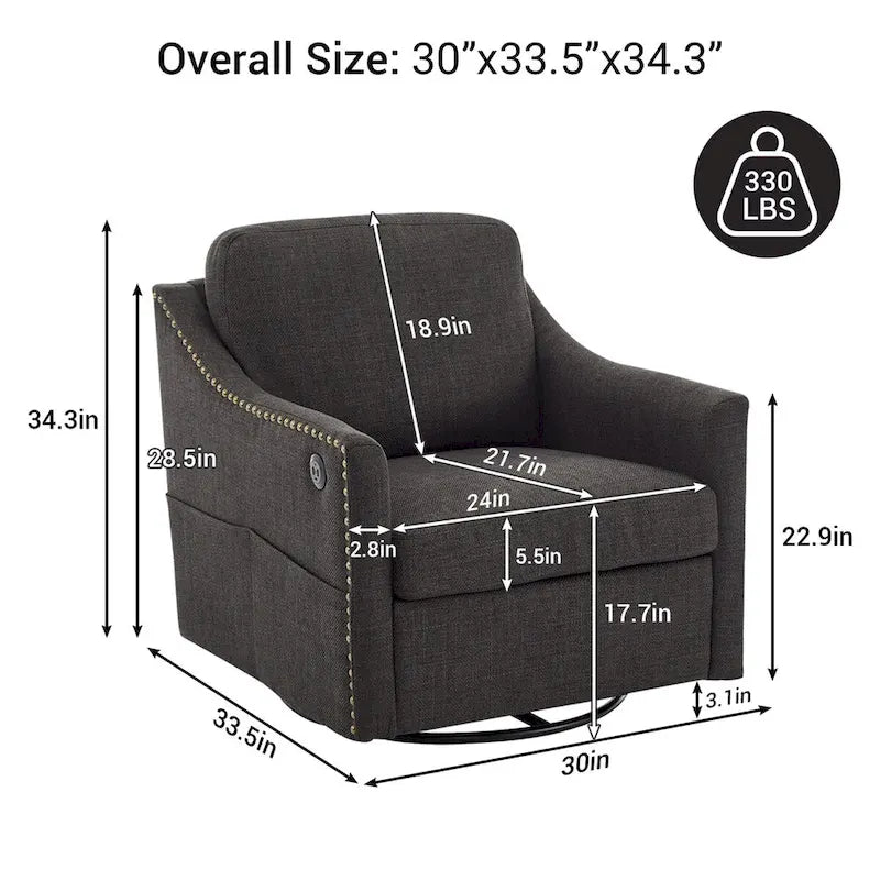 Fauteuil pivotant moderne en tissu avec ports USB, lot de 1