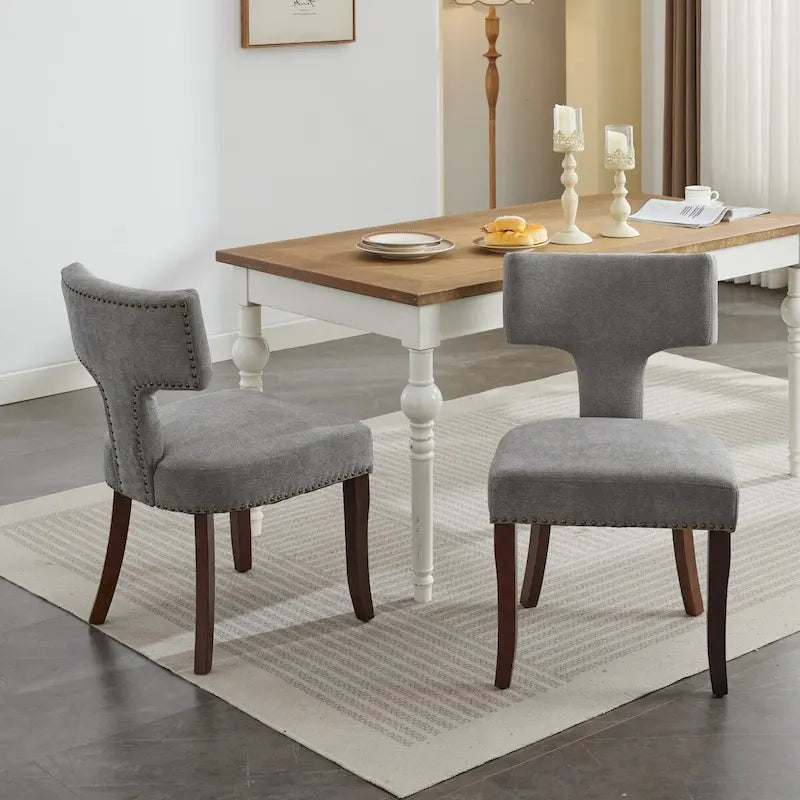 Lot de 2 chaises de salle à manger modernes, chaise d'appoint rembourrée en tissu de lin style ferme avec dossier incurvé et clous en cuivre