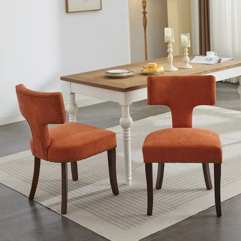 Lot de 2 chaises de salle à manger modernes, chaise d'appoint rembourrée en tissu de lin style ferme avec dossier incurvé et clous en cuivre