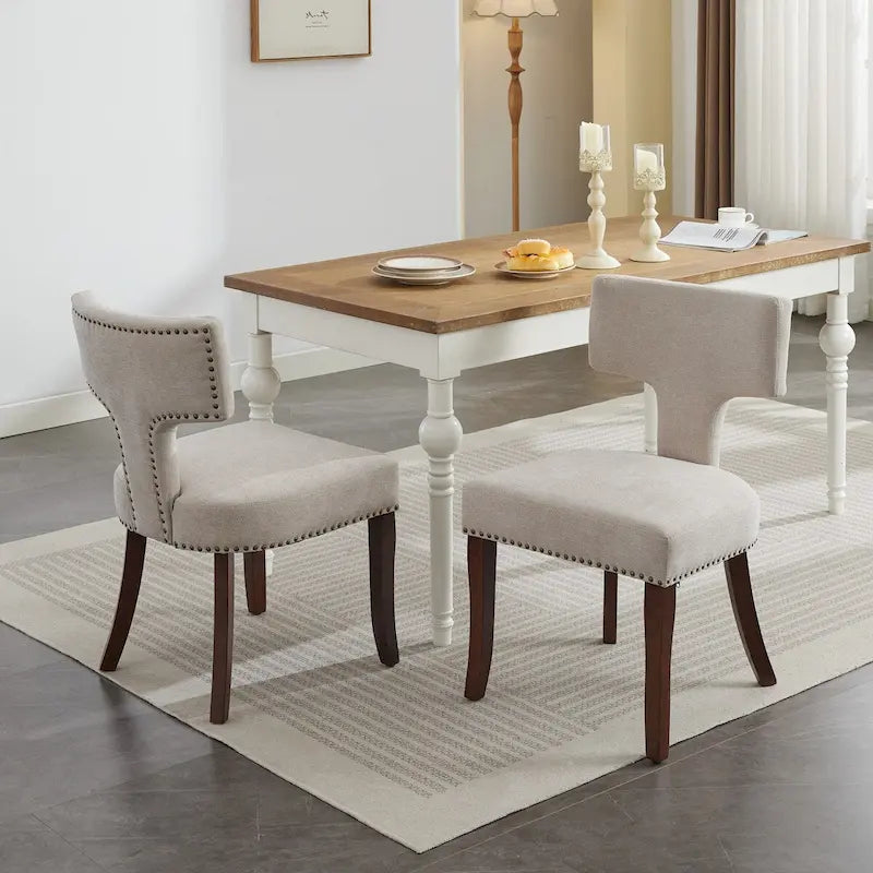 Lot de 2 chaises de salle à manger modernes, chaise d'appoint rembourrée en tissu de lin style ferme avec dossier incurvé et clous en cuivre