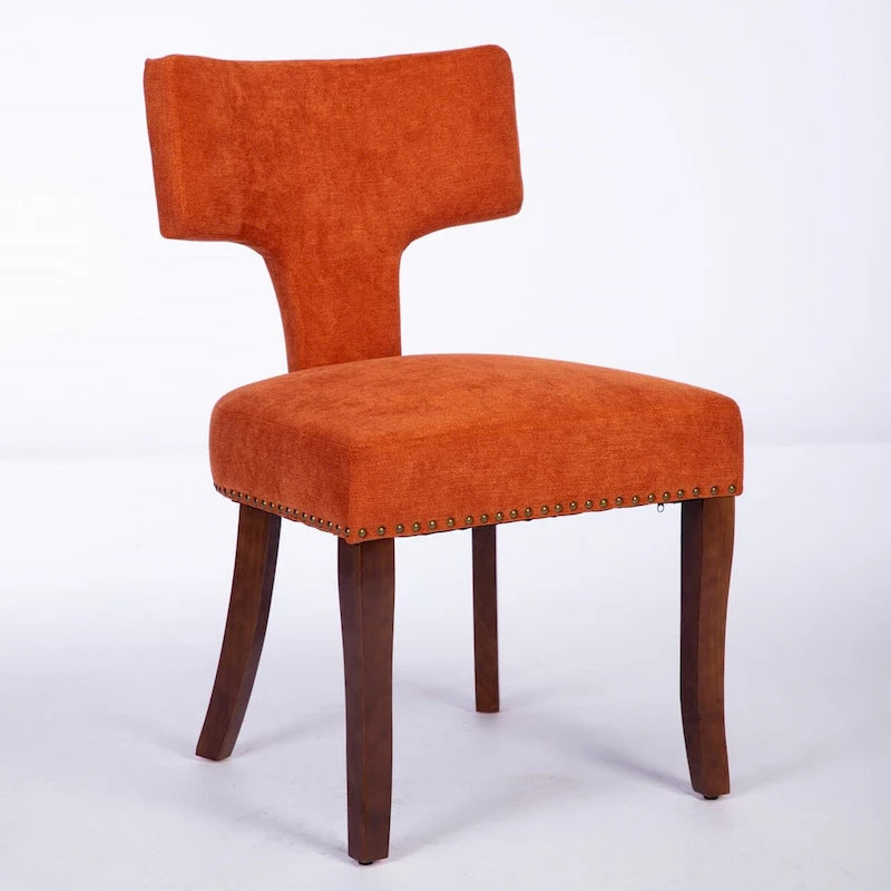 Lot de 2 chaises de salle à manger modernes, chaise d'appoint rembourrée en tissu de lin style ferme avec dossier incurvé et clous en cuivre