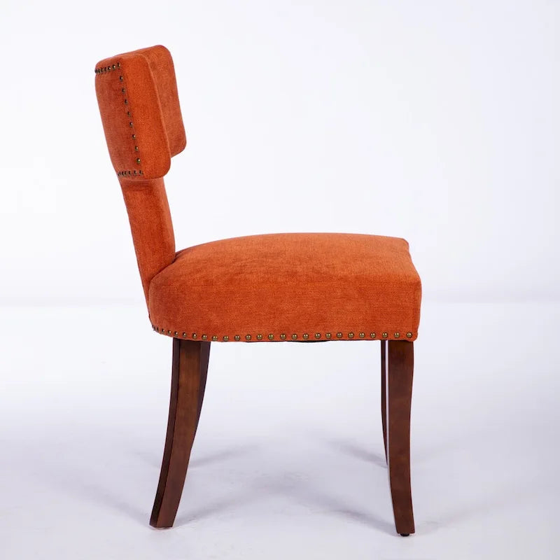 Lot de 2 chaises de salle à manger modernes, chaise d'appoint rembourrée en tissu de lin style ferme avec dossier incurvé et clous en cuivre