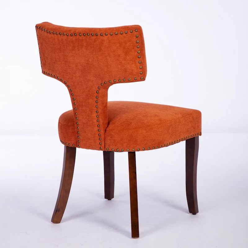Lot de 2 chaises de salle à manger modernes, chaise d'appoint rembourrée en tissu de lin style ferme avec dossier incurvé et clous en cuivre
