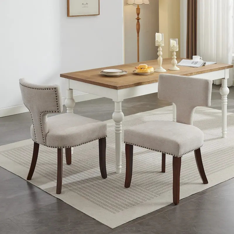 Lot de 2 chaises de salle à manger modernes, chaise d'appoint rembourrée en tissu de lin style ferme avec dossier incurvé et clous en cuivre