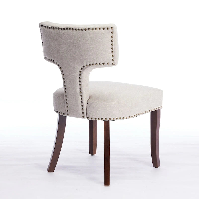 Lot de 2 chaises de salle à manger modernes, chaise d'appoint rembourrée en tissu de lin style ferme avec dossier incurvé et clous en cuivre