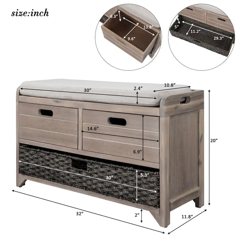 Banc de rangement avec panier amovible et 2 tiroirs