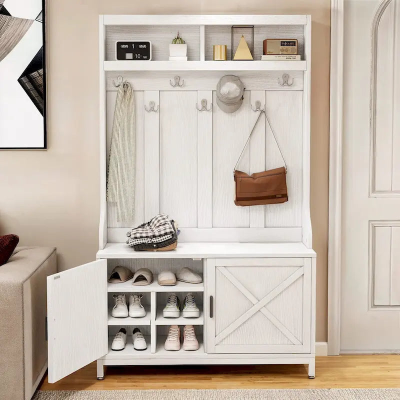 Meuble d'entrée avec porte-manteau et banc à chaussures, Arbre d'entrée de style ferme avec 7 crochets et porte-manteau à chaussures
