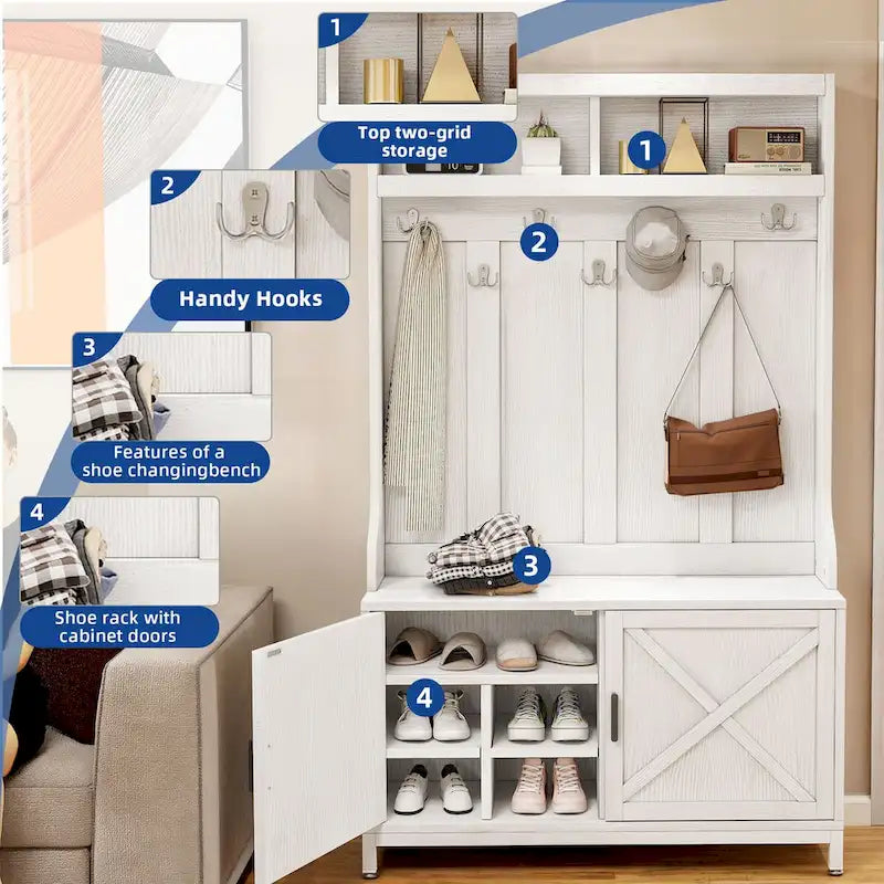 Meuble d'entrée avec porte-manteau et banc à chaussures, Arbre d'entrée de style ferme avec 7 crochets et porte-manteau à chaussures