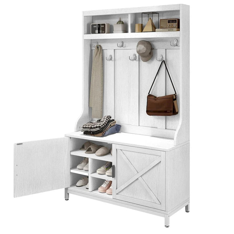 Meuble d'entrée avec porte-manteau et banc à chaussures, Arbre d'entrée de style ferme avec 7 crochets et porte-manteau à chaussures