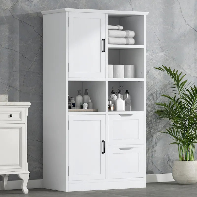 Meuble de rangement de salle de bain avec portes et tiroirs, étagère ouverte, étagère réglable