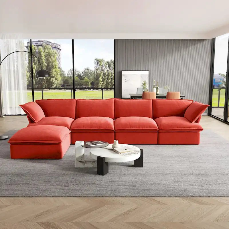Canapé modulable Cloud, 5 places en plumes et duvet, en velours, avec assise large et profonde, convertible en L.