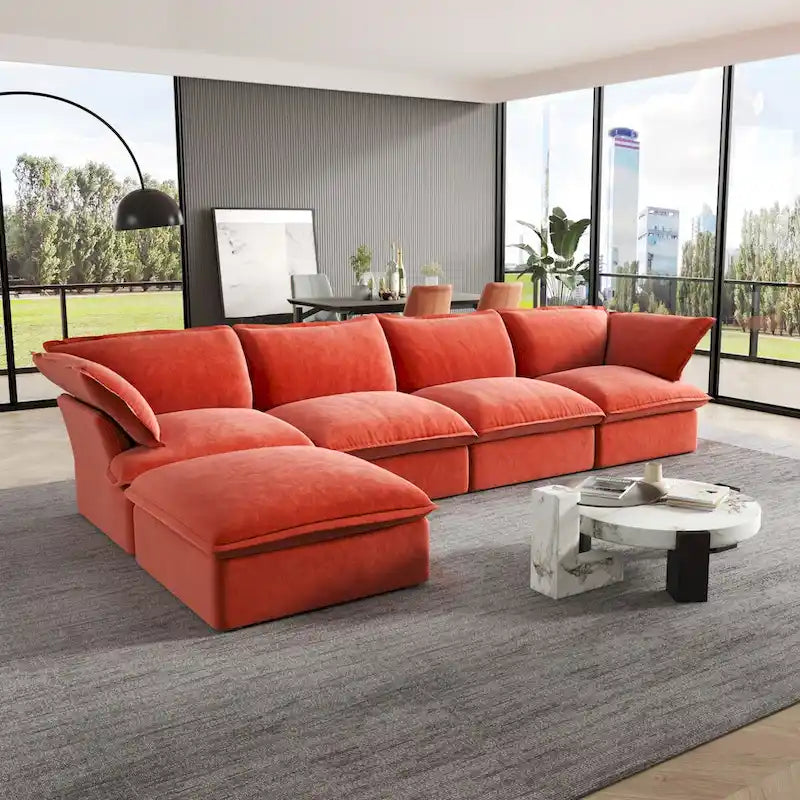 Canapé modulable Cloud, 5 places en plumes et duvet, en velours, avec assise large et profonde, convertible en L.