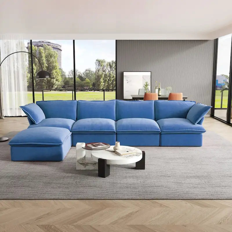 Canapé modulable Cloud, 5 places en plumes et duvet, en velours, avec assise large et profonde, convertible en L.