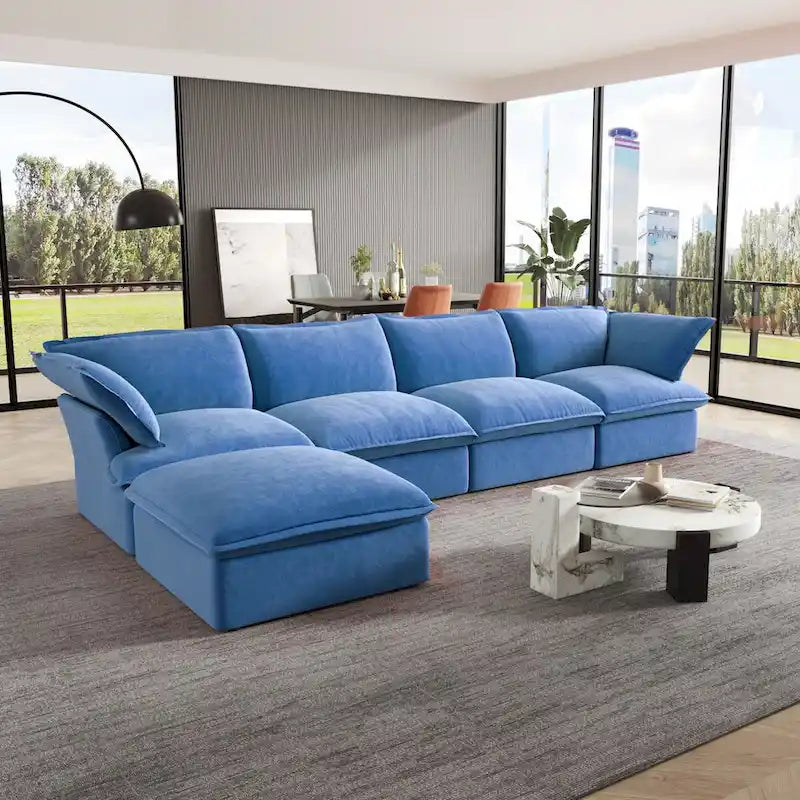 Canapé modulable Cloud, 5 places en plumes et duvet, en velours, avec assise large et profonde, convertible en L.