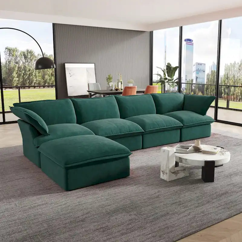 Canapé modulable Cloud, 5 places en plumes et duvet, en velours, avec assise large et profonde, convertible en L.