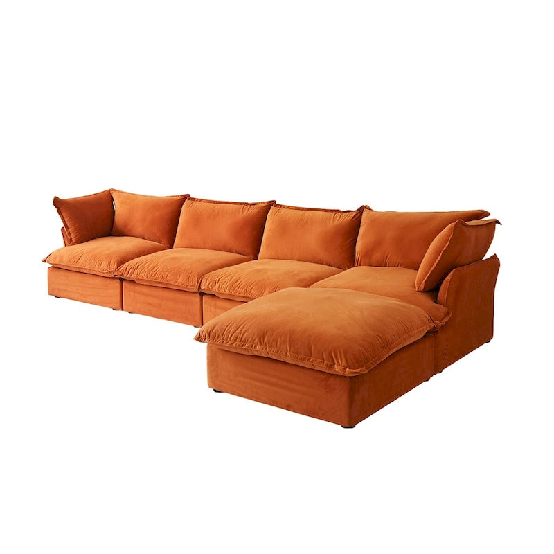 Canapé modulable Cloud, 5 places en plumes et duvet, en velours, avec assise large et profonde, convertible en L.