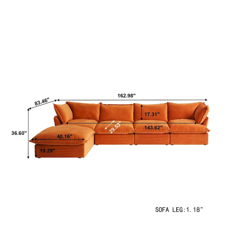 Canapé modulable Cloud, 5 places en plumes et duvet, en velours, avec assise large et profonde, convertible en L.