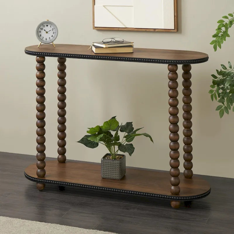 Console en bois ovale à fuseaux avec 1 étagère et bords perlés